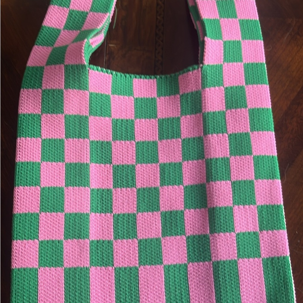 Pink and Green Checkered Knit Bag